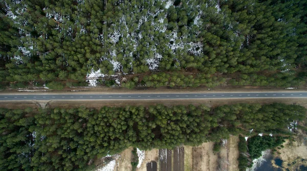 A paisagem de uma floresta verde e estrada de asfalto. A natureza de primavera na Europa de uma visão de olho de pássaro — Fotografia de Stock