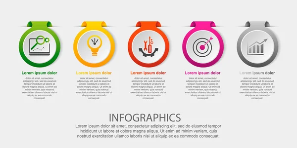 Ilustración vectorial moderna. Plantilla infográfica con la imagen de 5 círculos, en forma de etiqueta. 3d estilo cinco elementos. Utilizado para presentaciones de negocios, educación, diseño web, diagramas — Vector de stock