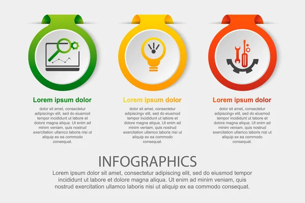 Moderní vektorové ilustrace. Infografika šablona s obrázkem 3 kruhy, ve formě popisku. 3D prvky stylu tři. Používá pro obchodní prezentace, webdesign, vzdělání, diagramy — Stockový vektor