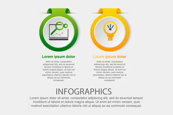 Ilustração vetorial moderna. Modelo infográfico com a imagem de 2 círculos, na forma de uma etiqueta. 3d estilo dois elementos. Usado para apresentações de negócios, educação, web design, diagramas — Vetor de Stock