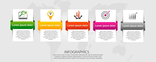 Illustration vectorielle moderne 3d. Modèle pour rectangles infographiques avec étiquettes cinq éléments. Contient des icônes et du texte. Conçu pour les entreprises, les présentations, la conception Web, les diagrammes en 5 étapes — Image vectorielle