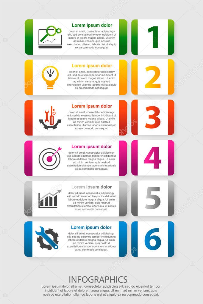 Modern vector illustration 3D. An infographic template with five steps and an image of six rectangles. Use for business presentations, education, web design diagrams with 6 steps. Step by step.
