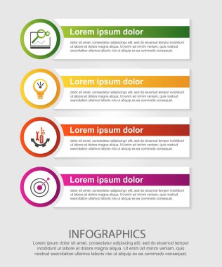 Modern vektör çizim. Dört öğeleri, daireler ve metin Infographic şablonu. Adım adım. İş, sunumlar, web tasarım, 4 adımlar ile diyagramları için tasarlanmış.