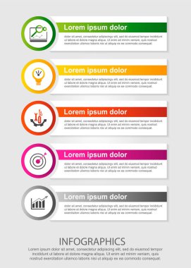 Modern vektör çizim. Beş elemanları, daireler ve metin Infographic şablonu. Adım adım. İş, sunumlar, web tasarım, 5 adım diyagramları için tasarlanmış.