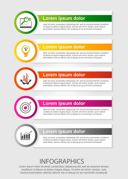Modern vektör çizim. Beş elemanları, daireler ve metin Infographic şablonu. Adım adım. İş, sunumlar, web tasarım, 5 adım diyagramları için tasarlanmış.