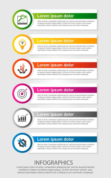 Modern vektör çizim. Infographic şablonu altı öğeleri, daireler ve metin. Adım adım. İş, sunumlar, web tasarım, 6 adımlar ile diyagramları için tasarlanmış.