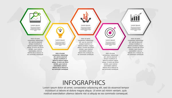 Czasu Nowoczesny Wektor Ilustracji Szablon Infograficzny Pięcioma Elementami Sześciokątnym Zaprojektowany — Wektor stockowy