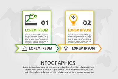 Vektör çizim. 2 adım ve iki dikdörtgenin görüntüsünü bir Infographic şablonu. İş sunumları, eğitim, web tasarım için kullanın. Metin ve simgeleri için yer.