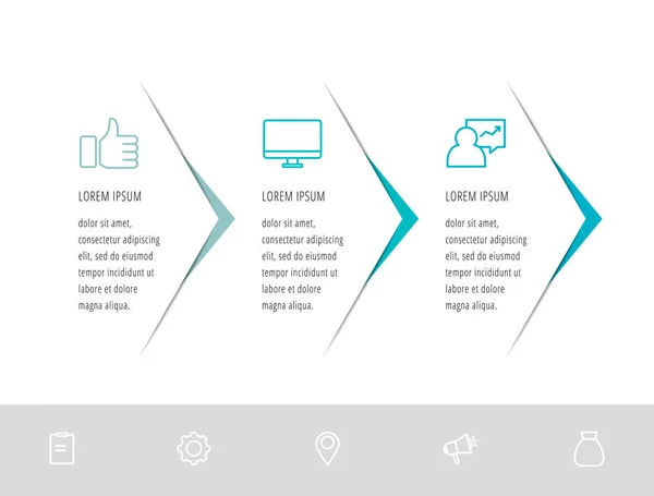 Vector șablon plat infografic. Săgeată cu text și pictograme pentru trei diagrame, grafic, diagramă, cronologie, marketing, prezentare. Conceptul de afaceri cu 3 opțiuni — Vector de stoc