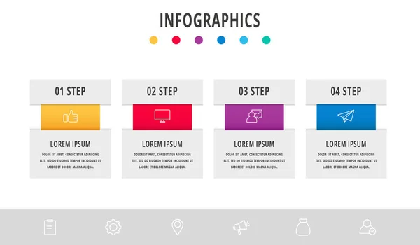 Векторный Инфографический Плоский Шаблон Прямоугольники Четырех Диаграмм График Flowchart Хронология — стоковый вектор