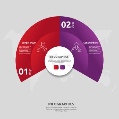 Vektör düz şablon dairesi ve sektör bilgi grafikleri. İki sektörlü iş kavramı. İçerik, akış şeması, zaman çizelgesi, seviyeler, pazarlama, sunum, grafik, diyagramlar, slayt gösterisi için iki adım