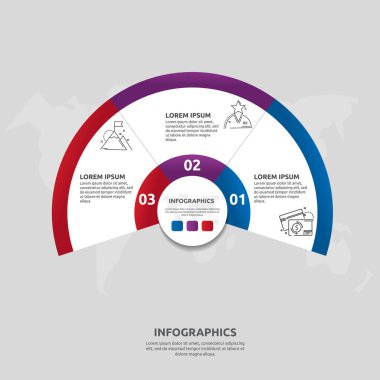 Vektör düz şablon dairesi ve sektör bilgi grafikleri. Üç sektörlü iş kavramı. İçerik, akış şeması, zaman çizelgesi, seviyeler, pazarlama, sunum, grafik, diyagramlar, slayt gösterisi için üç adım