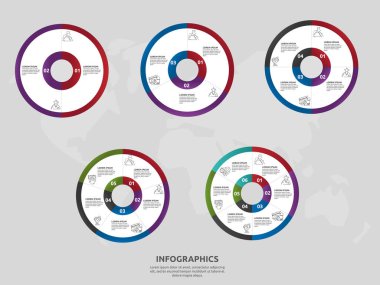 Vektör şablon dairesi ve sektör bilgi grafikleri. İş konseptini 2, 3, 4, 5, 6 ile ayarla. İçerik, akış şeması, zaman çizelgesi, seviyeler, pazarlama, sunum, grafik, diyagramlar, slayt gösterisi, grafik