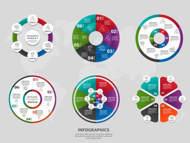 Vektör şablon dairesi ve sektör bilgi grafikleri. İş konseptini 6 seçenekle ayarla. İçerik, akış şeması, zaman çizelgesi, seviyeler, pazarlama, sunum, grafik, diyagramlar, slayt gösterisi, grafik