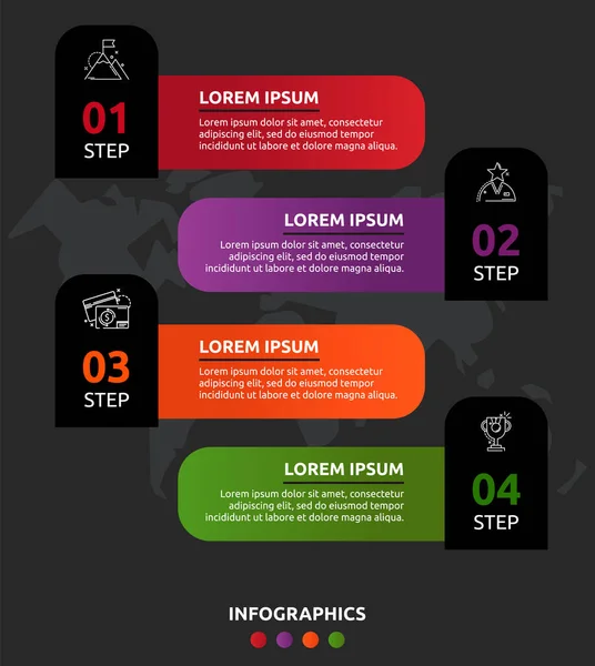 Vector infographic template on black background. Labels with text and icons for two diagrams, graph, flowchart, timeline, marketing, presentation. Business concept with four options — Stock Vector