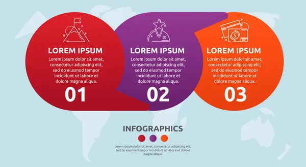 Infográficos de círculo de modelo plano vetorial. Conceito de negócio com 3 opções e setas. Três passos para o conteúdo, fluxograma, linha do tempo, níveis, marketing, apresentação, gráfico, diagramas, apresentação de slides — Vetor de Stock