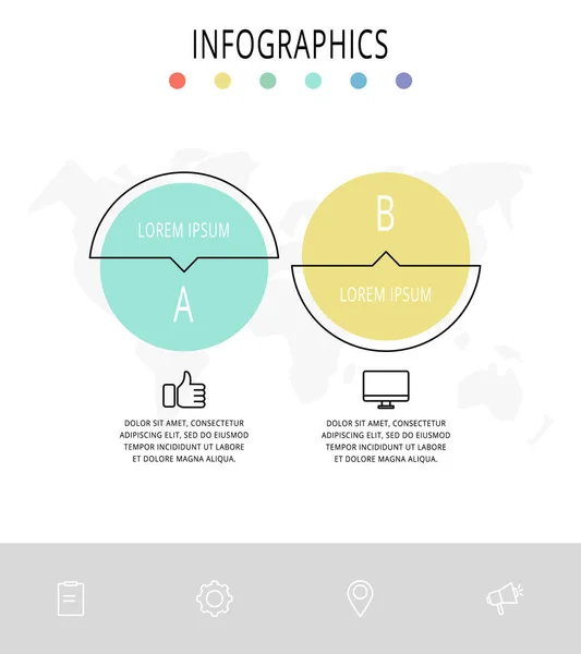 Vector linie plană șablon cerc infografic. Conceptul de afaceri cu 2 opțiuni și săgeți. Doi pași pentru conținut, diagramă de debit, cronologie, niveluri, marketing, prezentare, grafic, diagrame, slideshow — Vector de stoc