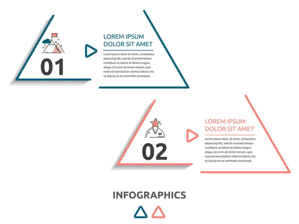 Plantilla de infografía plana vectorial. Triángulo de línea con texto e iconos para dos diagramas, gráfico, diagrama de flujo, línea de tiempo, marketing, presentación. Concepto de negocio con 2 opciones — Vector de stock