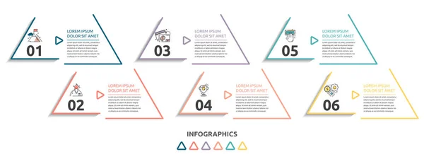 Vector șablon infografic plat. Triunghi linie cu text și pictograme pentru șase diagrame, grafic, diagramă, cronologie, marketing, prezentare. Conceptul de afaceri cu 6 opțiuni — Vector de stoc