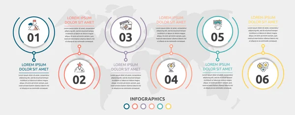 Plantilla de infografía plana vectorial. Círculos de línea con texto e iconos para seis diagramas, gráfico, diagrama de flujo, línea de tiempo, marketing, presentación. Concepto de negocio con 6 opciones — Vector de stock