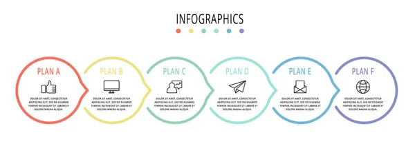 Инфографика круга векторной плоской линии. Бизнес-концепция с 6 вариантами и стрелками. Шесть шагов для контента, flowchart, timeline, levels, marketing, presentation, graph, frams, slideshow — стоковый вектор