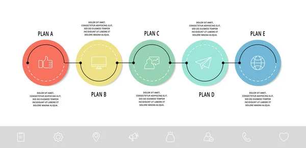 Plantilla de infografía plana vectorial. Círculos con texto e iconos para cinco diagramas, gráfico, diagrama de flujo, línea de tiempo, marketing, presentación. Concepto de negocio con 5 opciones — Vector de stock