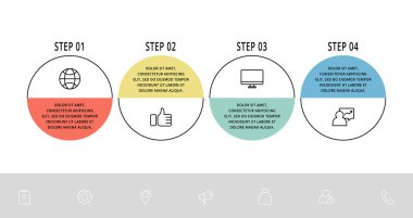 Vektör düz şablon daire bilgi grafikleri. 4 seçenekli ve parçalı iş konsepti. İçerik, akış şeması, zaman çizelgesi, seviyeler, pazarlama, sunum, grafik, diyagramlar, slayt gösterisi için dört adım