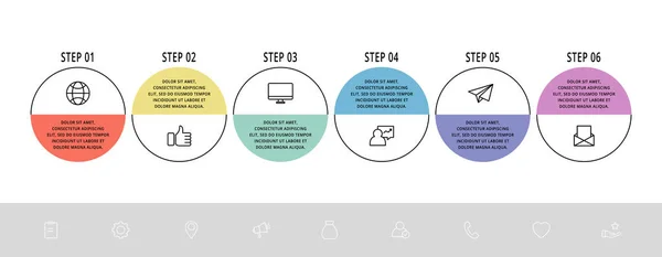 벡터 평면 템플릿 원 인포 그래픽. 6 가지 옵션 과 부품 이 있는 비즈니스 컨셉. 내용을 위한 여섯 단계, 꽃, 연표, 레벨, 마케팅, 프레젠테이션, 그래프, 다이어그램, 슬라이드, — 스톡 벡터