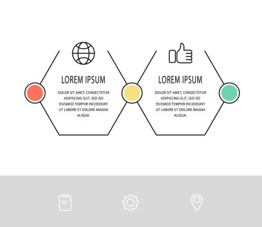 Vektör düz bilgi şablonu. İki diyagram, grafik, akış şeması, zaman çizelgesi, pazarlama ve sunum için metin ve simge içeren satır altıgeniName 2 seçeneği olan iş konsepti