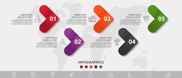 Vektorová infografická šablona. Pět šípů s ikonami. Obchodní koncepce pro diagramy, vývojový diagram, časová osa, marketing, prezentace — Stockový vektor