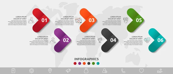 Vektorová infografická šablona. Šest šípů s ikonami. Obchodní koncepce pro diagramy, vývojový diagram, časová osa, marketing, prezentace — Stockový vektor