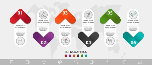 Vektorová infografická šablona. Šest šipek s ikonami a štítky. Obchodní koncept pro diagramy, vývojový diagram, graf, marketing, prezentace, krok za krokem — Stockový vektor