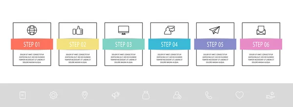 ベクトルインフォグラフィックフラットテンプレート。6つの図、グラフ、フローチャート、タイムライン、マーケティング、プレゼンテーションの長方形。ラベル6枚付きのビジネスコンセプト — ストックベクタ