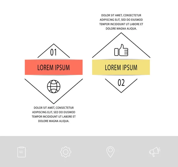 Modelo plano infográfico vetorial. Triângulo com setas para dois diagramas, gráfico, fluxograma, linha do tempo, marketing, apresentação. Conceito de negócio com 2 rótulos — Vetor de Stock