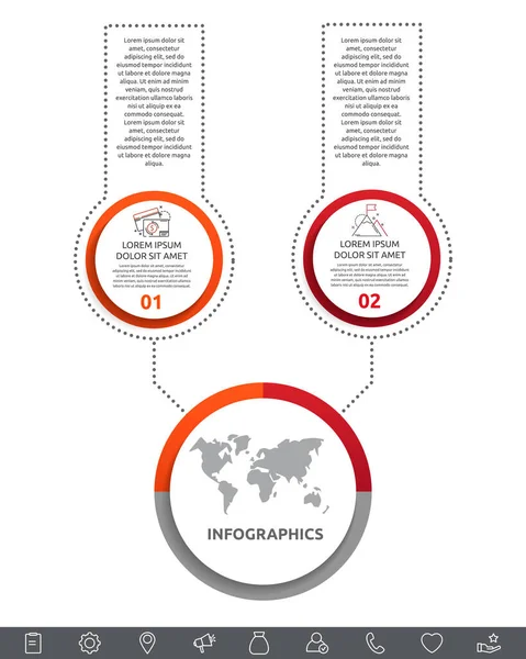 Vektor infographic med huvudcirkel och 2 etiketter. Cirklar med ikoner för två diagram, diagram, flödesschema, tidslinje, marknadsföring, presentation. Kreativ affärsidé — Stock vektor