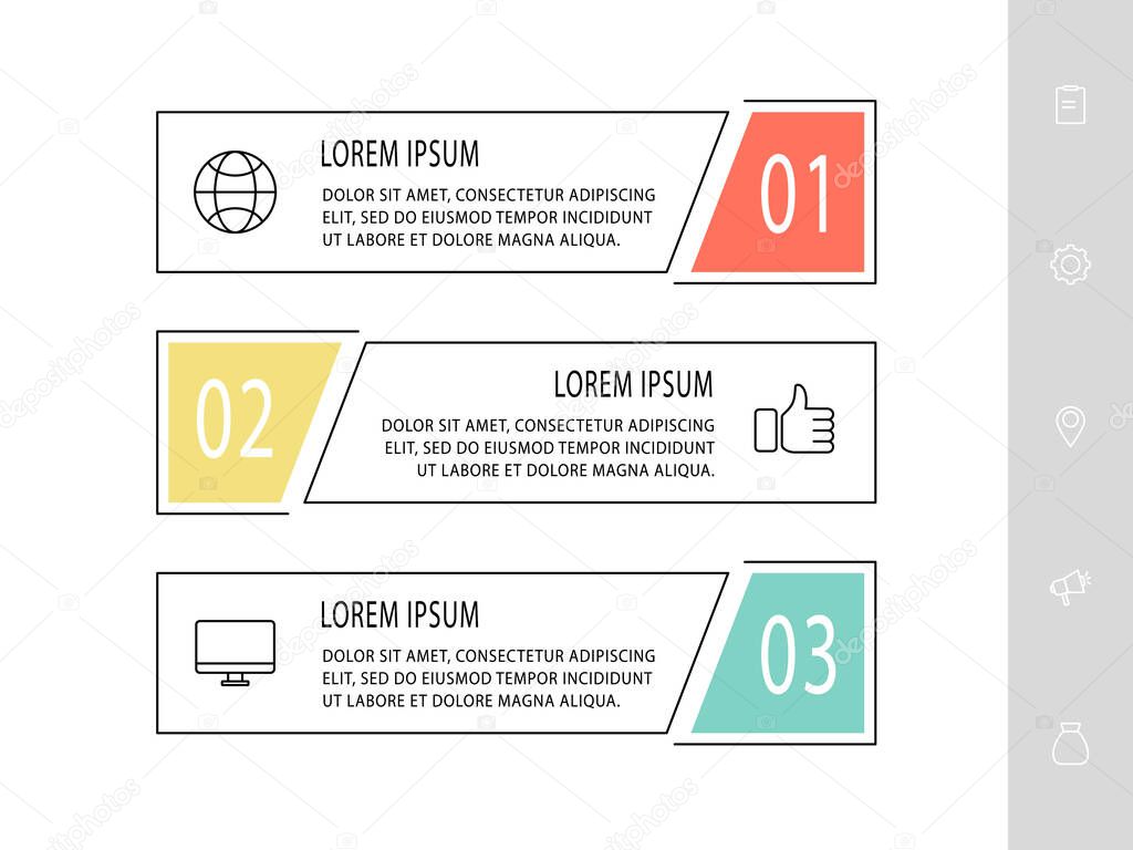 Vector infographic flat template. Shape with icons for three diagrams, graph, flowchart, timeline, marketing, presentation. Business concept with 3 labels