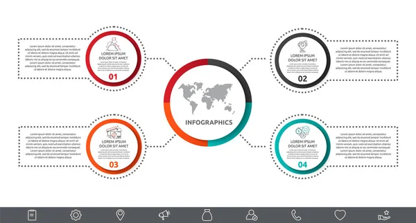 Infografía vectorial con círculo principal y 4 etiquetas. Círculos con iconos para cuatro diagramas, gráfico, diagrama de flujo, línea de tiempo, marketing, presentación. Concepto de negocio creativo — Archivo Imágenes Vectoriales