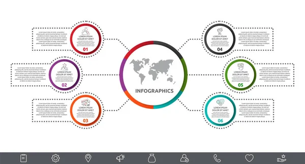 Vektorová infografie s hlavním kruhem a 6 štítky. Kruhy s ikonami pro šest diagramů, graf, vývojový diagram, časová osa, marketing, prezentace. Tvůrčí obchodní koncept — Stockový vektor