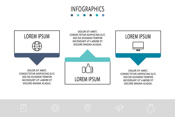 Vektorinfograph flache Vorlage. Form mit Pfeil für drei Diagramme, Graph, Flussdiagramm, Schritt für Schritt, Zeitachse, Präsentation. Geschäftskonzept mit 3 Etiketten — Stockvektor