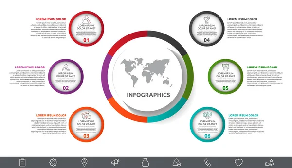 Infografic vectorial cu cerc principal și 6 cercuri mici.. Cercuri cu pictograme pentru șase diagrame, grafic, diagramă, cronologie, marketing, prezentare. Conceptul de afaceri creativ — Vector de stoc