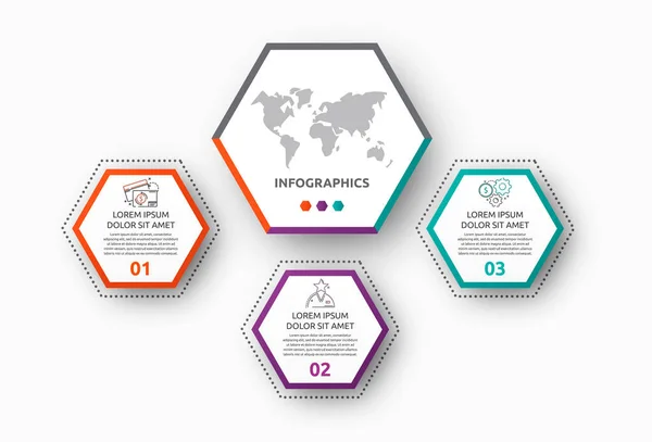 Infografica vettoriale con pentagono principale e 3 piccoli pentagoni. Utilizzato per tre diagrammi, grafico, diagramma di flusso, linea temporale, marketing, presentazione. Concetto imprenditoriale creativo — Vettoriale Stock