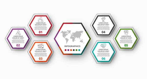 Vector infographic with main pentagon and 5 small pentagons. Used for five diagrams, graph, flowchart, timeline, marketing, presentation. Creative business concept — 스톡 벡터