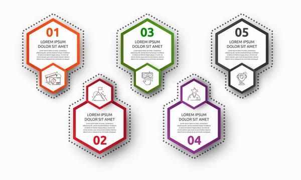 Vektorová Infografika Pětiúhelníky Používá Pro Pět Diagramů Graf Vývojový Diagram — Stockový vektor