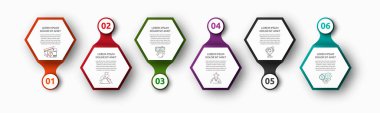 6 altılı ve daireli vektör bilgisi. Altı diyagram, grafik, akış şeması, zaman çizelgesi, pazarlama ve sunum için kullanılır. Yaratıcı iş kavramı adım adım