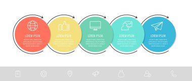 Vektör düz şablon daire bilgi grafikleri. 5 seçenekli ve oklu iş konsepti. İçerik, akış şeması, zaman çizelgesi, seviyeler, pazarlama, sunum, grafik, diyagramlar, slayt gösterisi için beş adım
