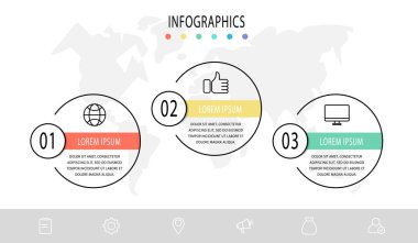 Vektör şablonu bilgi grafikleri. 3 seçenekli ve parçalı iş konsepti. İçerik, akış şeması, zaman çizelgesi, seviyeler için üç adım