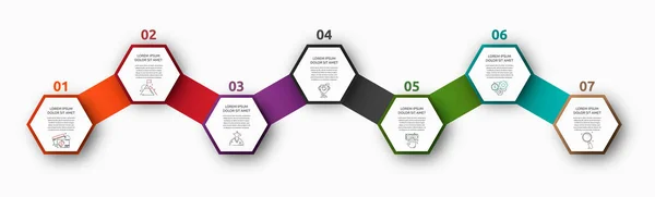 Vector infographic met 7 hexagons. Gebruikt voor zeven diagrammen, grafiek, stroomschema, tijdlijn, marketing, presentatie. Creatief bedrijfsconcept stap voor stap — Stockvector