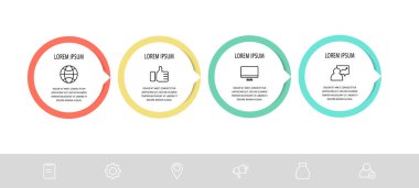 Vektör düz şablon daire bilgi grafikleri. 4 seçenekli ve oklu iş konsepti. İçerik, pazarlama, sunum, grafik, diyagramlar ve slayt gösterisi için dört adım