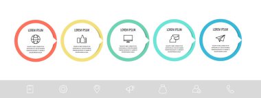 Vektör düz şablon daire bilgi grafikleri. 5 seçenekli ve oklu iş konsepti. İçerik, akış şeması, zaman çizelgesi, seviyeler, pazarlama, sunum, grafik, diyagramlar, slayt gösterisi için beş adım