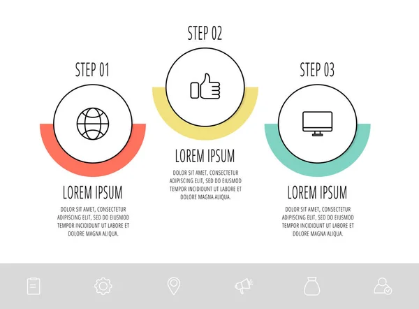 Vector platte template cirkel infographics. Bedrijfsconcept met 3 opties en labels. Drie stappen voor inhoud, stroomdiagram, presentatie, grafiek, diagrammen, diavoorstelling — Stockvector